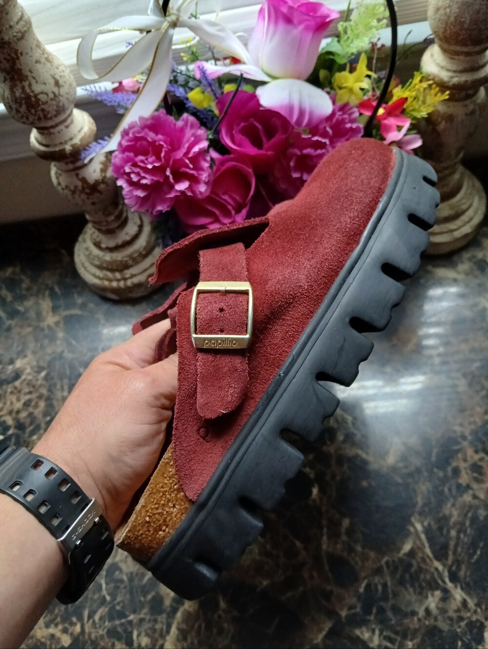 Papillio Birkenstock Women's Burgundy Suede Clog Sandals - Picture 5 of 12